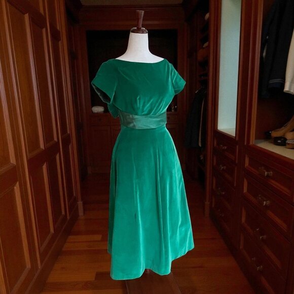 Vtg 1950s Kay Selig Emerald Green Velvet Evening Tea Length Dress Satin Bow Back - Picture 1 of 14